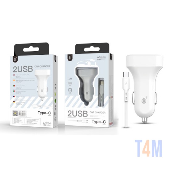 ONE PLUS CAR CHARGER WITH TPYE-C CABLE, 2USB, 2.4A, WHITE ( A6264 )